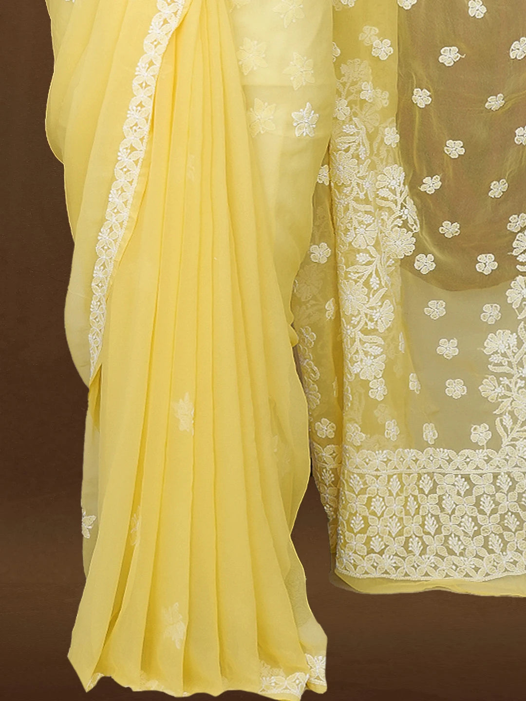 Ada Hand Embroidered Yellow Georgette Lucknowi Chikankari Saree with Blouse 01A596507