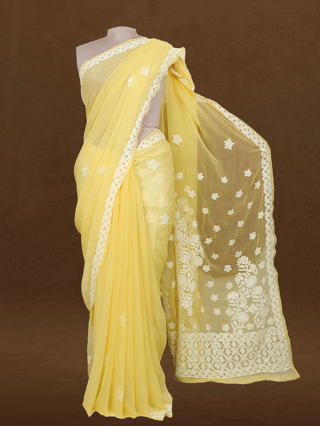 Ada Hand Embroidered Yellow Georgette Lucknowi Chikankari Saree with Blouse 01A596507