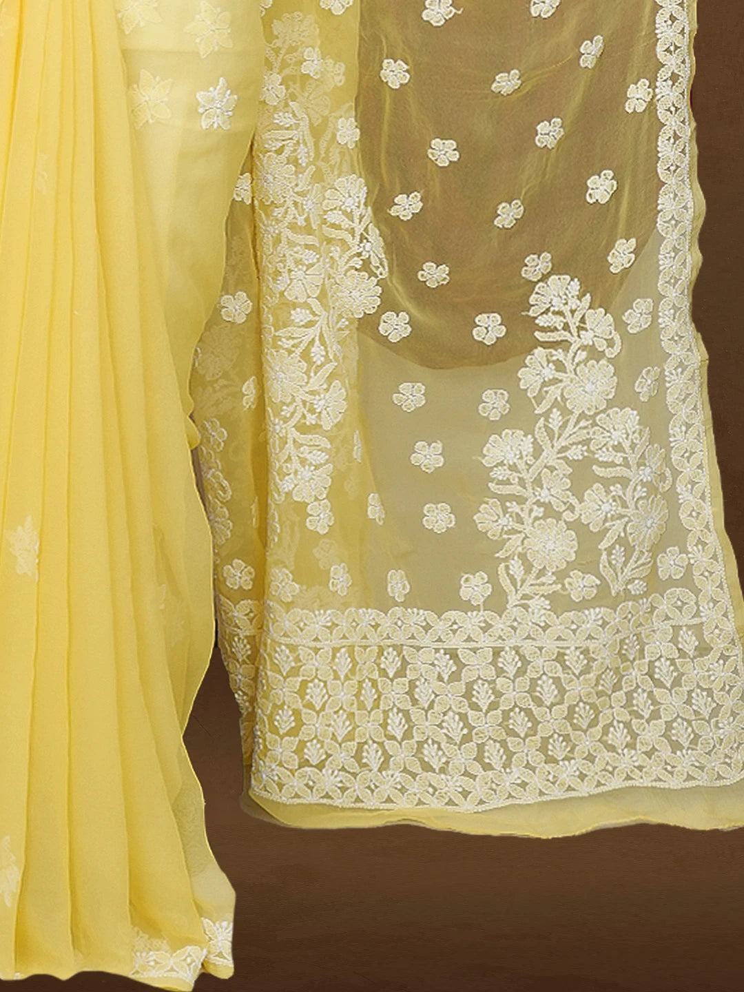 Ada Hand Embroidered Yellow Georgette Lucknowi Chikankari Saree with Blouse 01A596507