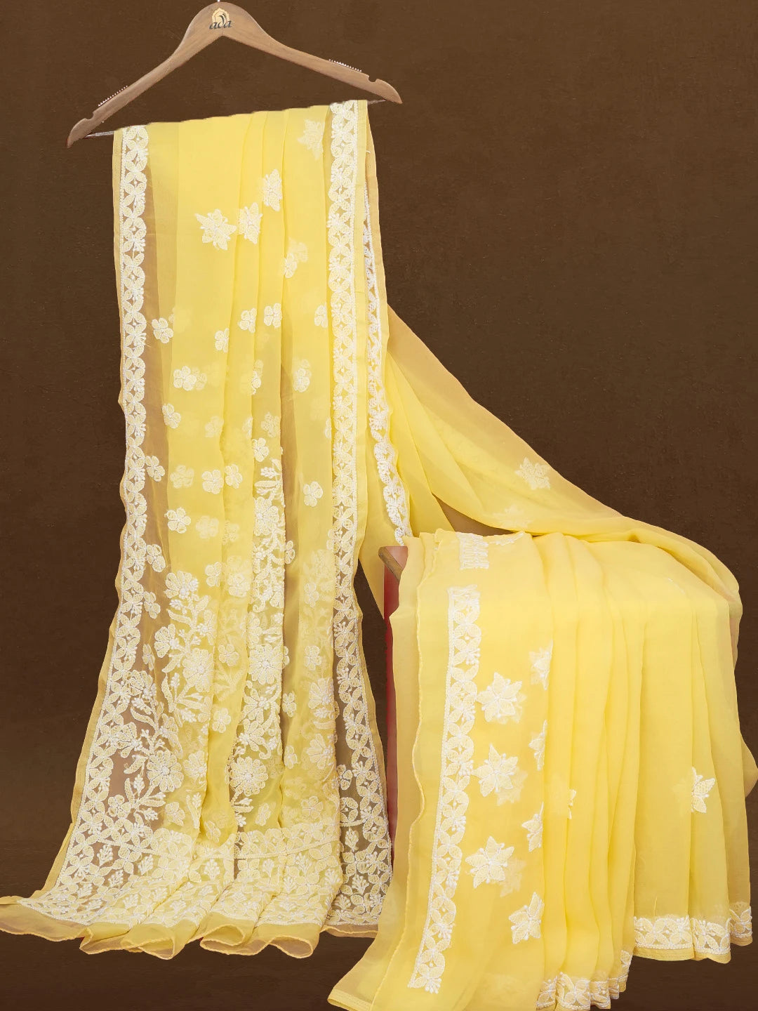 Ada Hand Embroidered Yellow Georgette Lucknowi Chikankari Saree with Blouse 01A596507