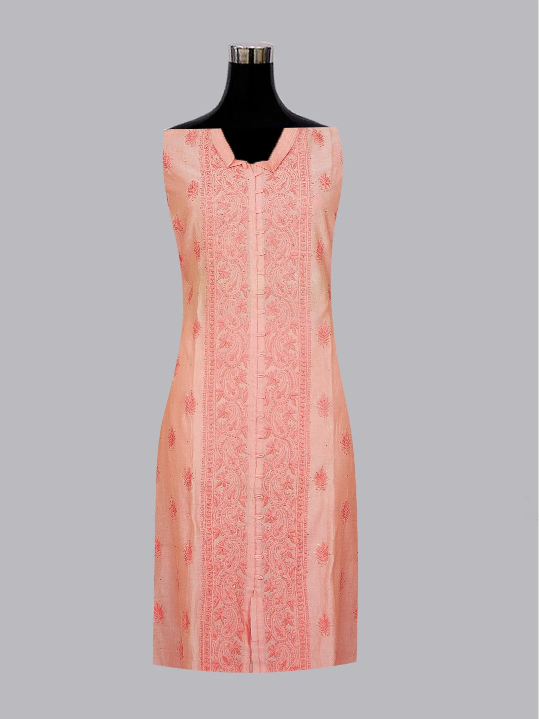 Ada Hand Embroidered Peach Pink Chanderi Lucknowi Chikankari Semi-Stitched Kurta Piece With Muqaish Work 01A174438