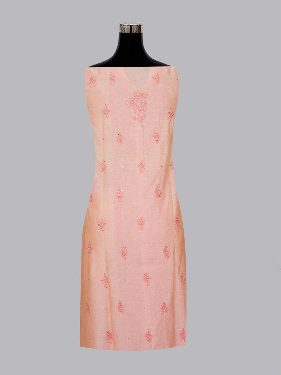 Ada Hand Embroidered Peach Pink Chanderi Lucknowi Chikankari Semi-Stitched Kurta Piece With Muqaish Work 01A174438