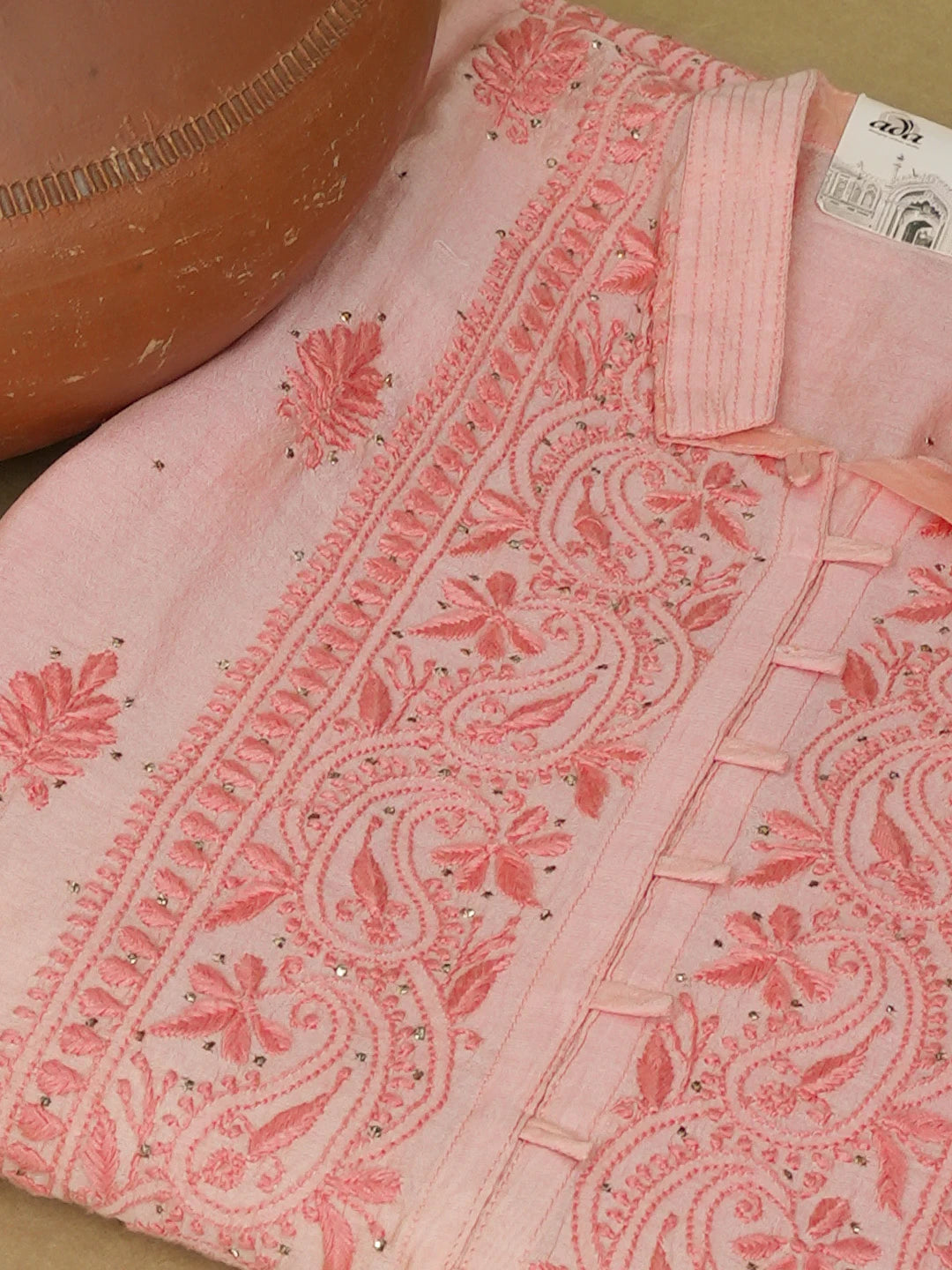 Ada Hand Embroidered Peach Pink Chanderi Lucknowi Chikankari Semi-Stitched Kurta Piece With Muqaish Work 01A174438
