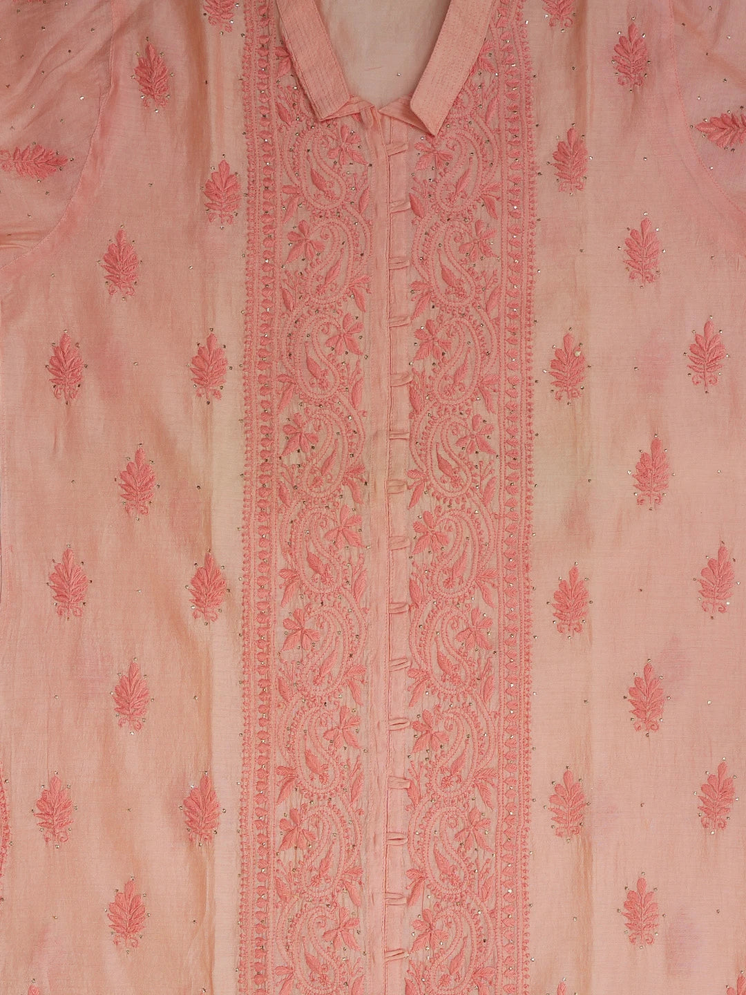 Ada Hand Embroidered Peach Pink Chanderi Lucknowi Chikankari Semi-Stitched Kurta Piece With Muqaish Work 01A174438