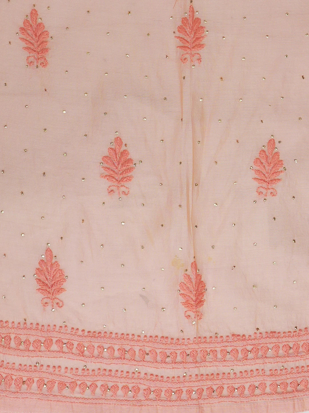 Ada Hand Embroidered Peach Pink Chanderi Lucknowi Chikankari Semi-Stitched Kurta Piece With Muqaish Work 01A174438