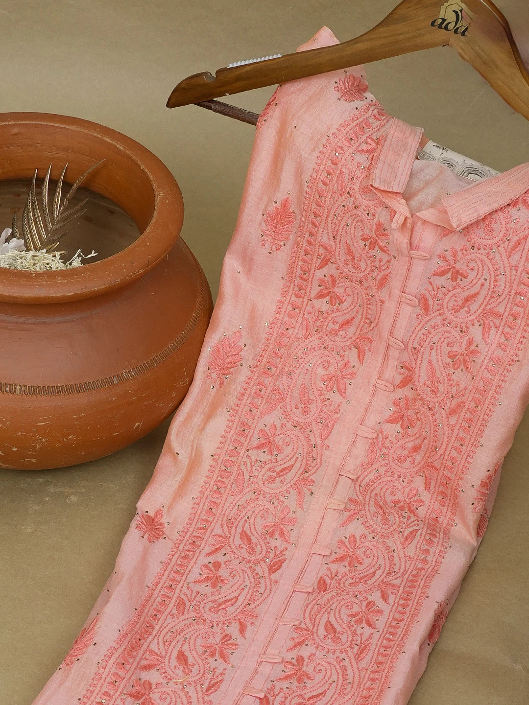 Ada Hand Embroidered Peach Pink Chanderi Lucknowi Chikankari Semi-Stitched Kurta Piece With Muqaish Work 01A174438