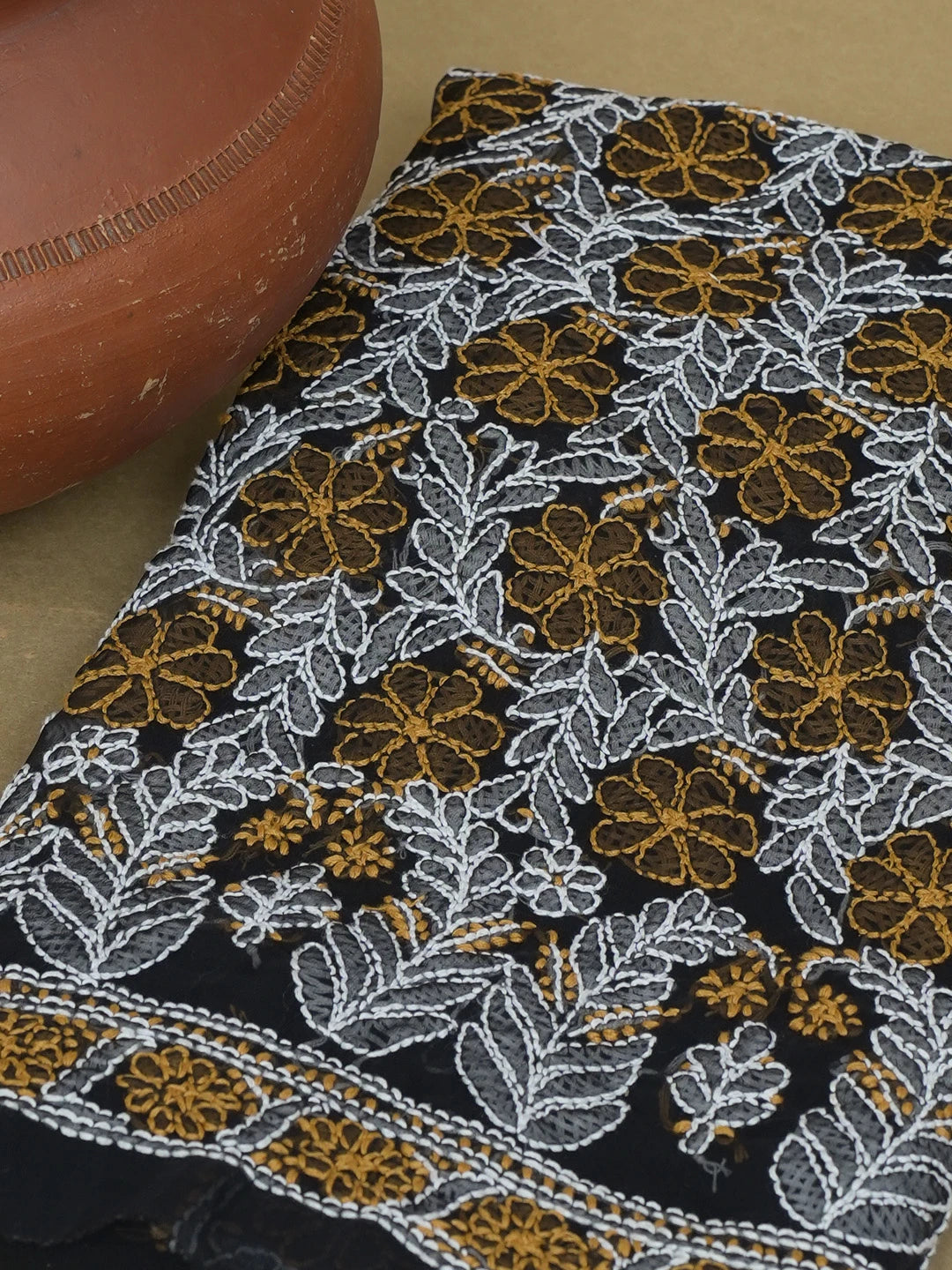 Ada Hand Embroidered Black Faux Georgette Lucknowi Chikankari Unstitched Kurta Piece 01A445383