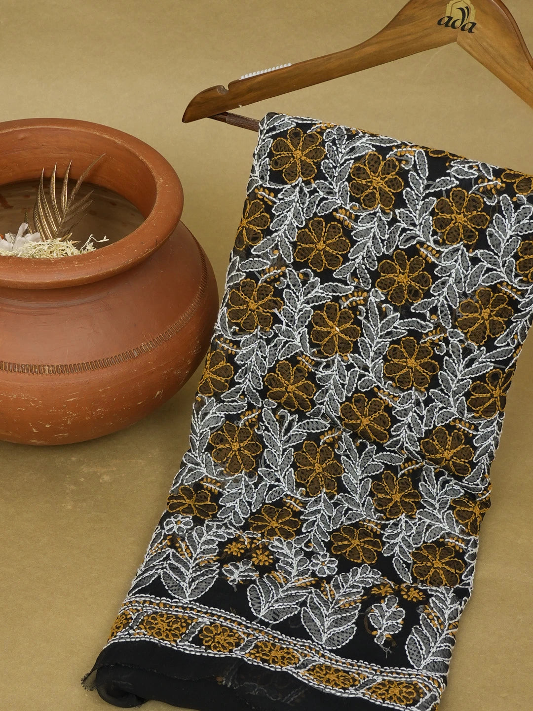 Ada Hand Embroidered Black Faux Georgette Lucknowi Chikankari Unstitched Kurta Piece 01A445383