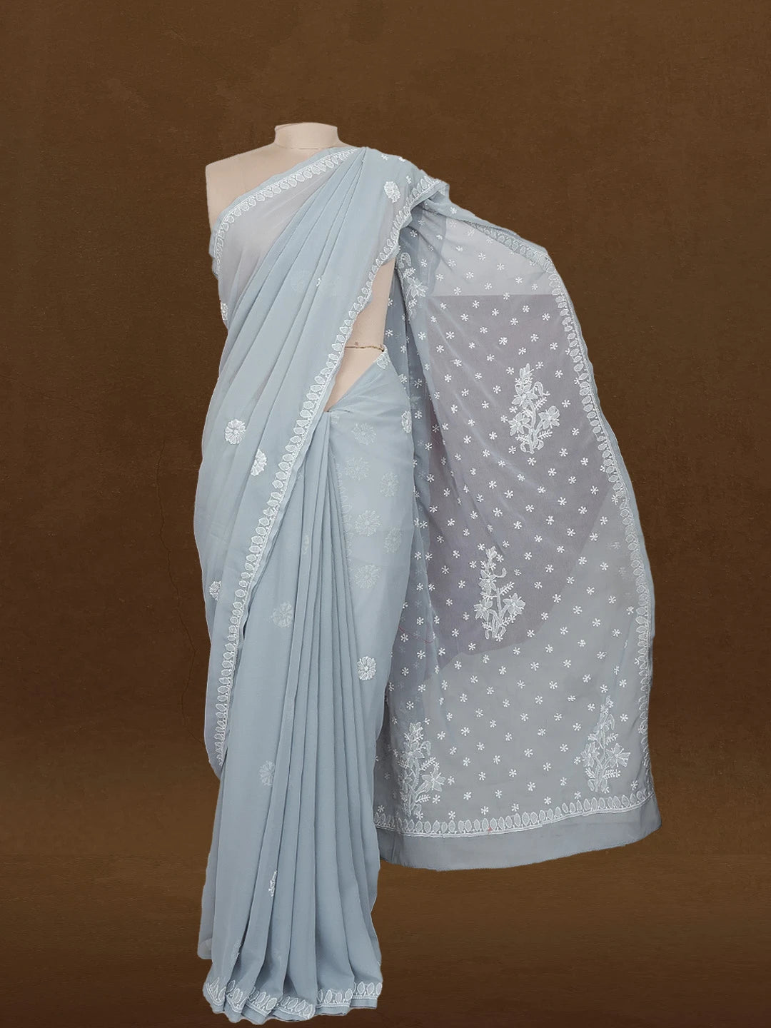 Ada Hand Embroidered Grey Georgette Lucknowi Chikankari Saree with Blouse 01A561211