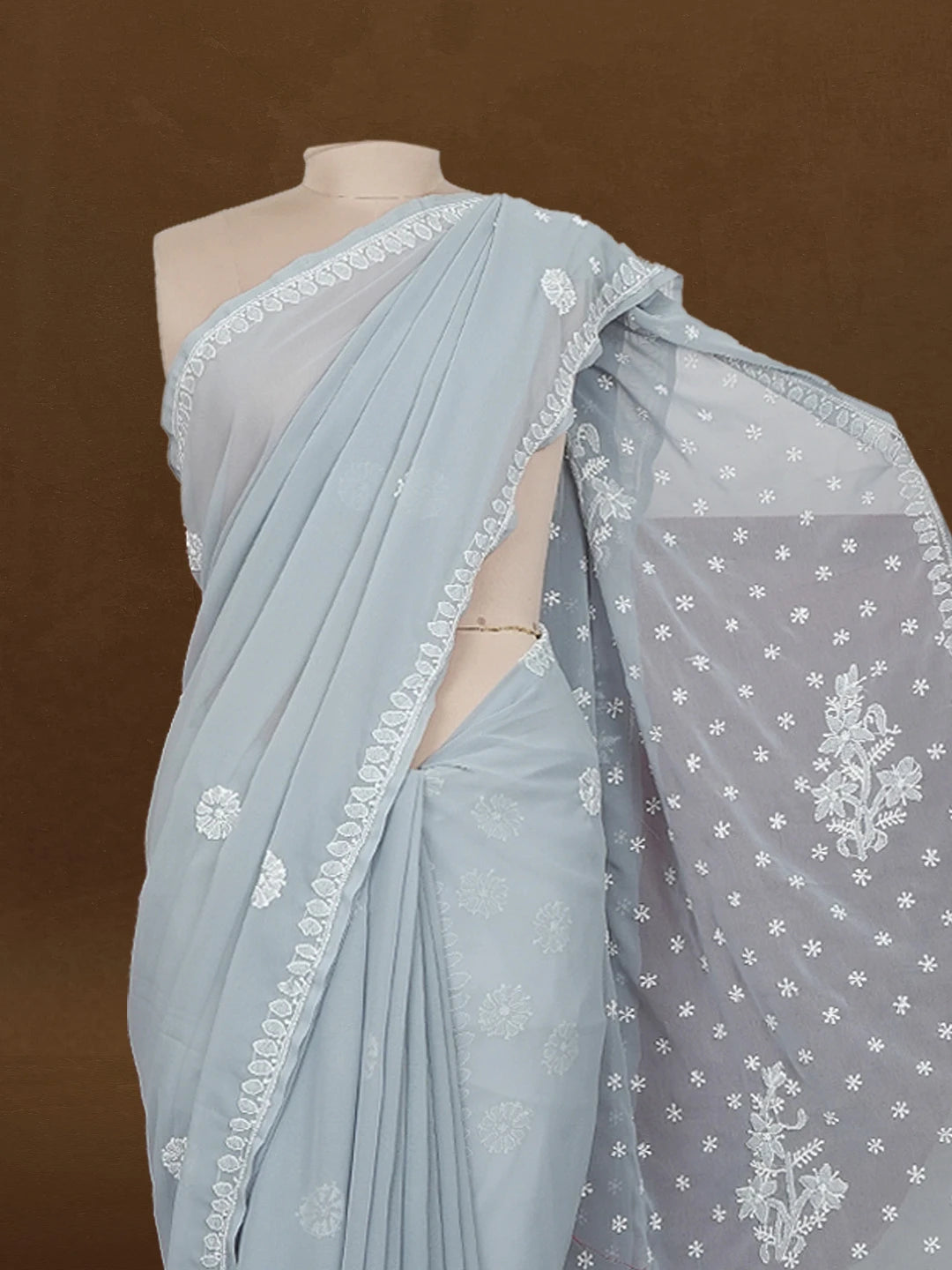 Ada Hand Embroidered Grey Georgette Lucknowi Chikankari Saree with Blouse 01A561211