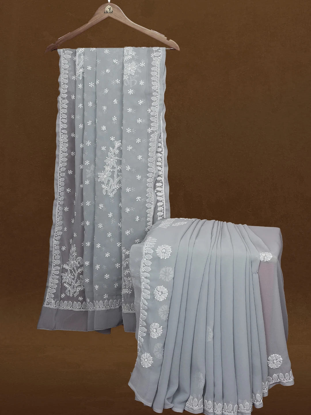 Ada Hand Embroidered Grey Georgette Lucknowi Chikankari Saree with Blouse 01A561211