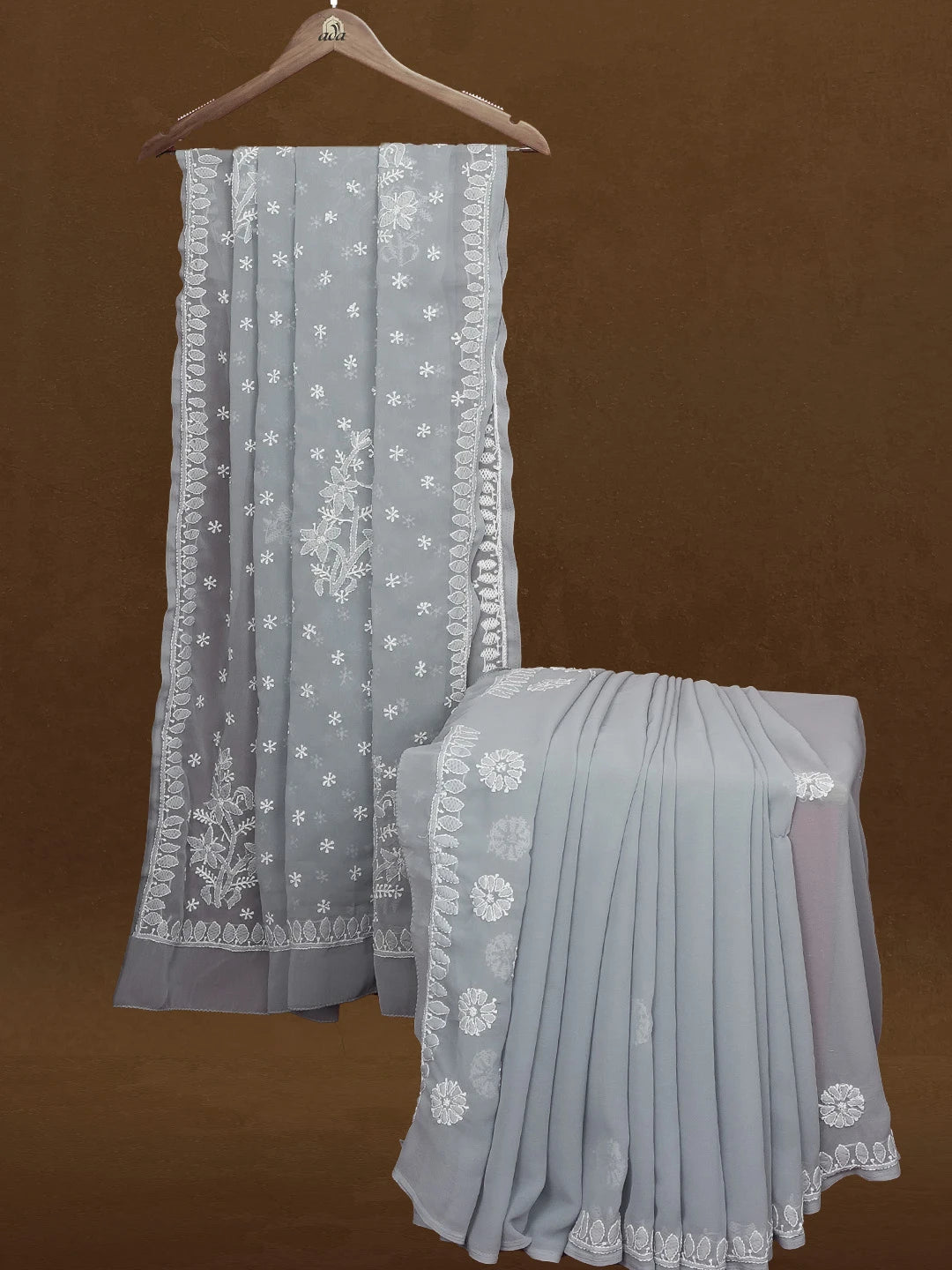 Ada Hand Embroidered Grey Georgette Lucknowi Chikankari Saree with Blouse 01A561211