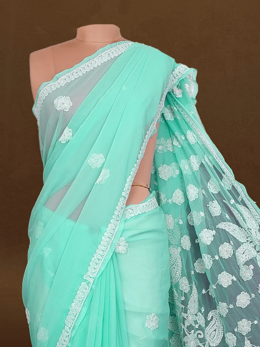 Ada Hand Embroidered Sky Blue Georgette Lucknowi Chikankari Saree with Blouse 01A410986