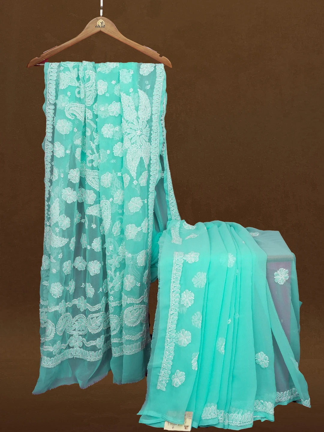 Ada Hand Embroidered Sky Blue Georgette Lucknowi Chikankari Saree with Blouse 01A410986