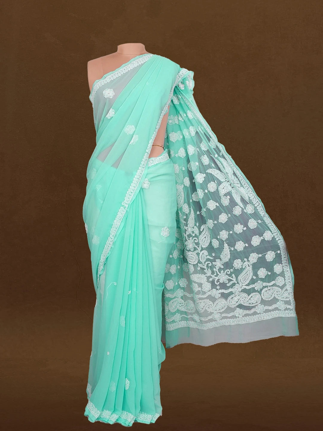Ada Hand Embroidered Sky Blue Georgette Lucknowi Chikankari Saree with Blouse 01A410986