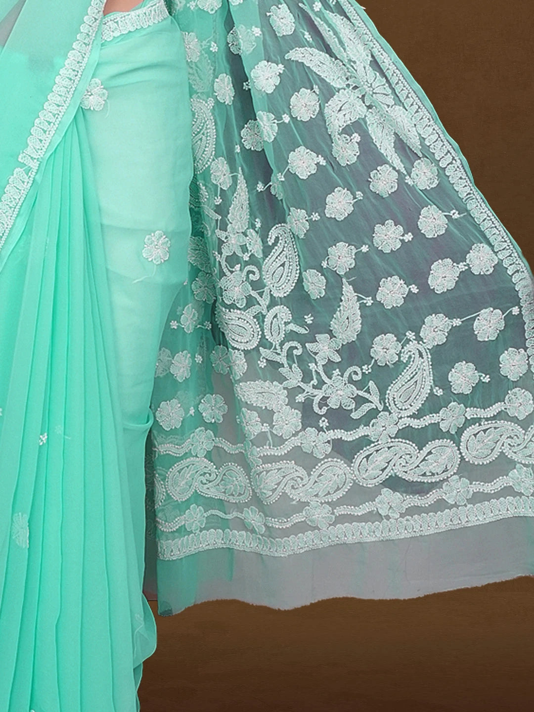 Ada Hand Embroidered Sky Blue Georgette Lucknowi Chikankari Saree with Blouse 01A410986