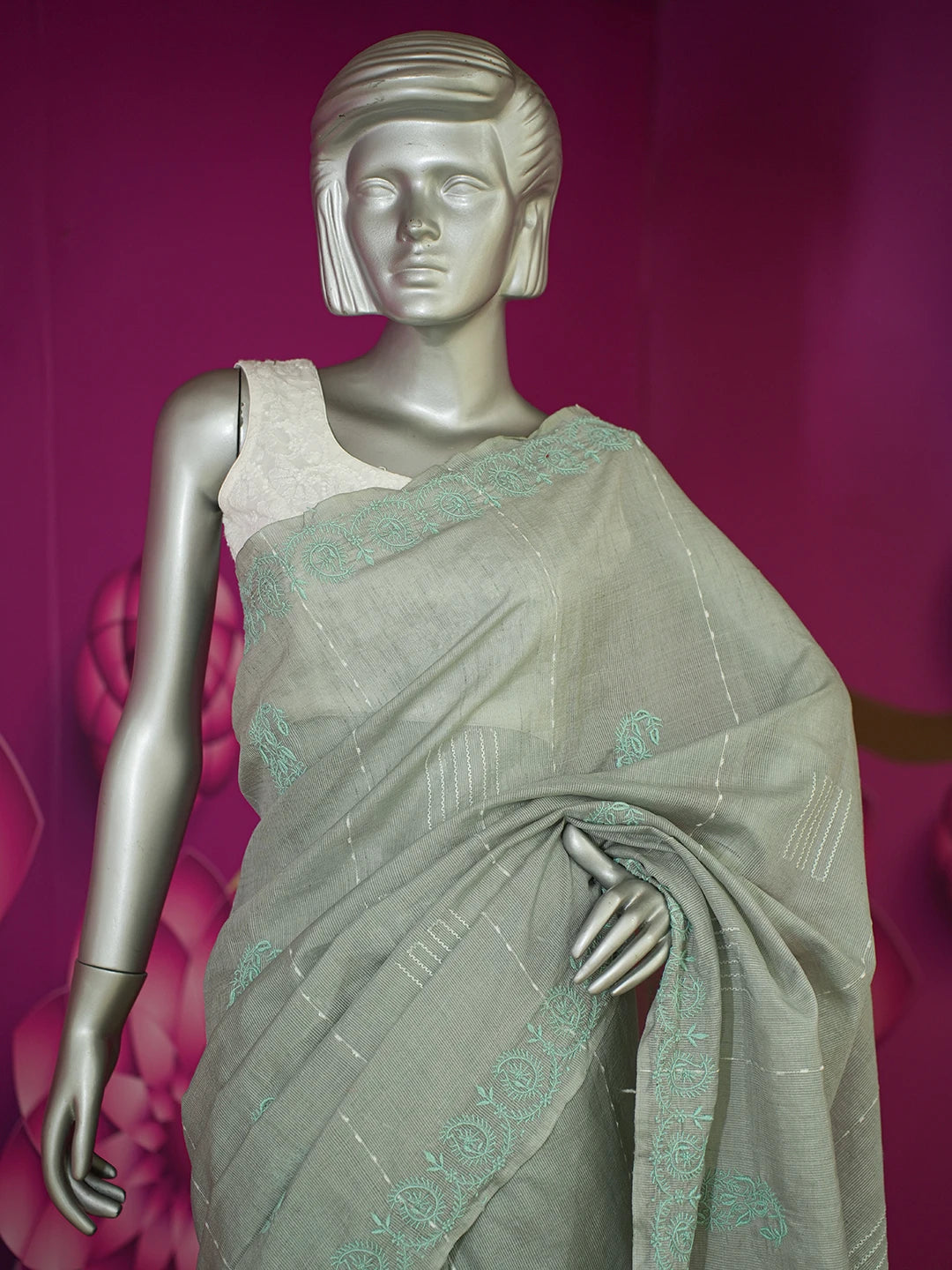 Ada Hand Embroidered Grey Silk Lucknowi Chikankari Saree and Blouse 01A376431