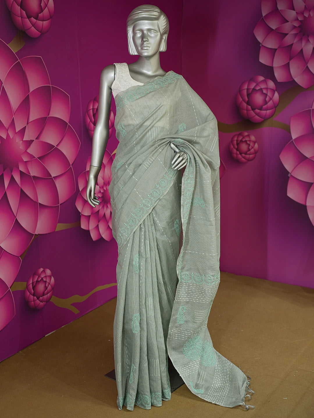 Ada Hand Embroidered Grey Silk Lucknowi Chikankari Saree and Blouse 01A376431