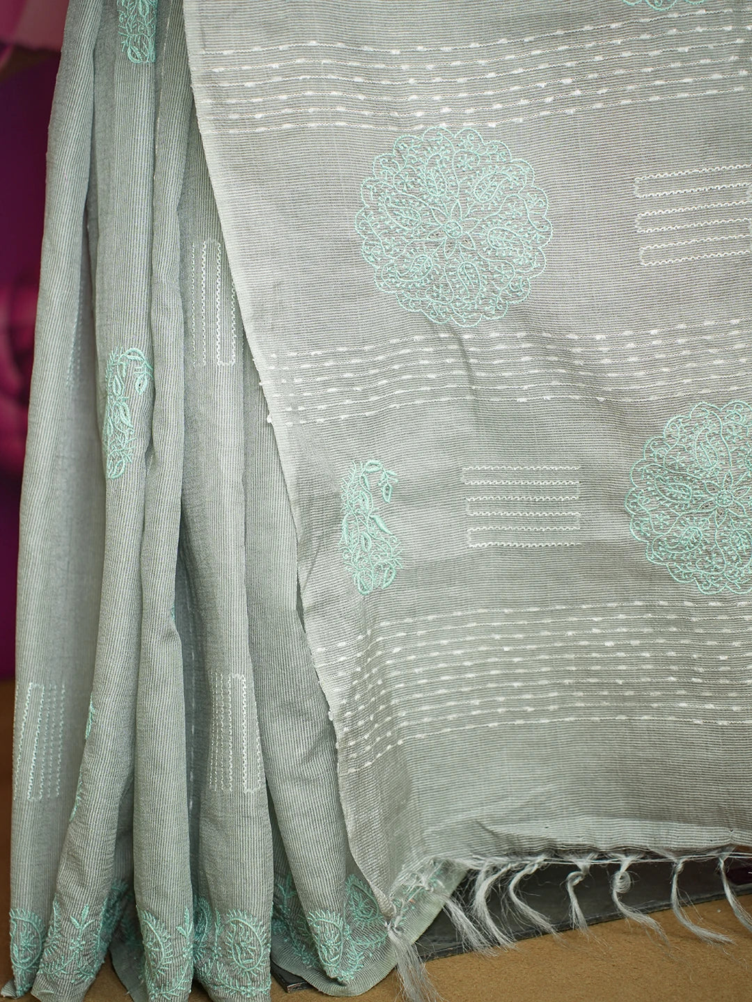 Ada Hand Embroidered Grey Silk Lucknowi Chikankari Saree and Blouse 01A376431