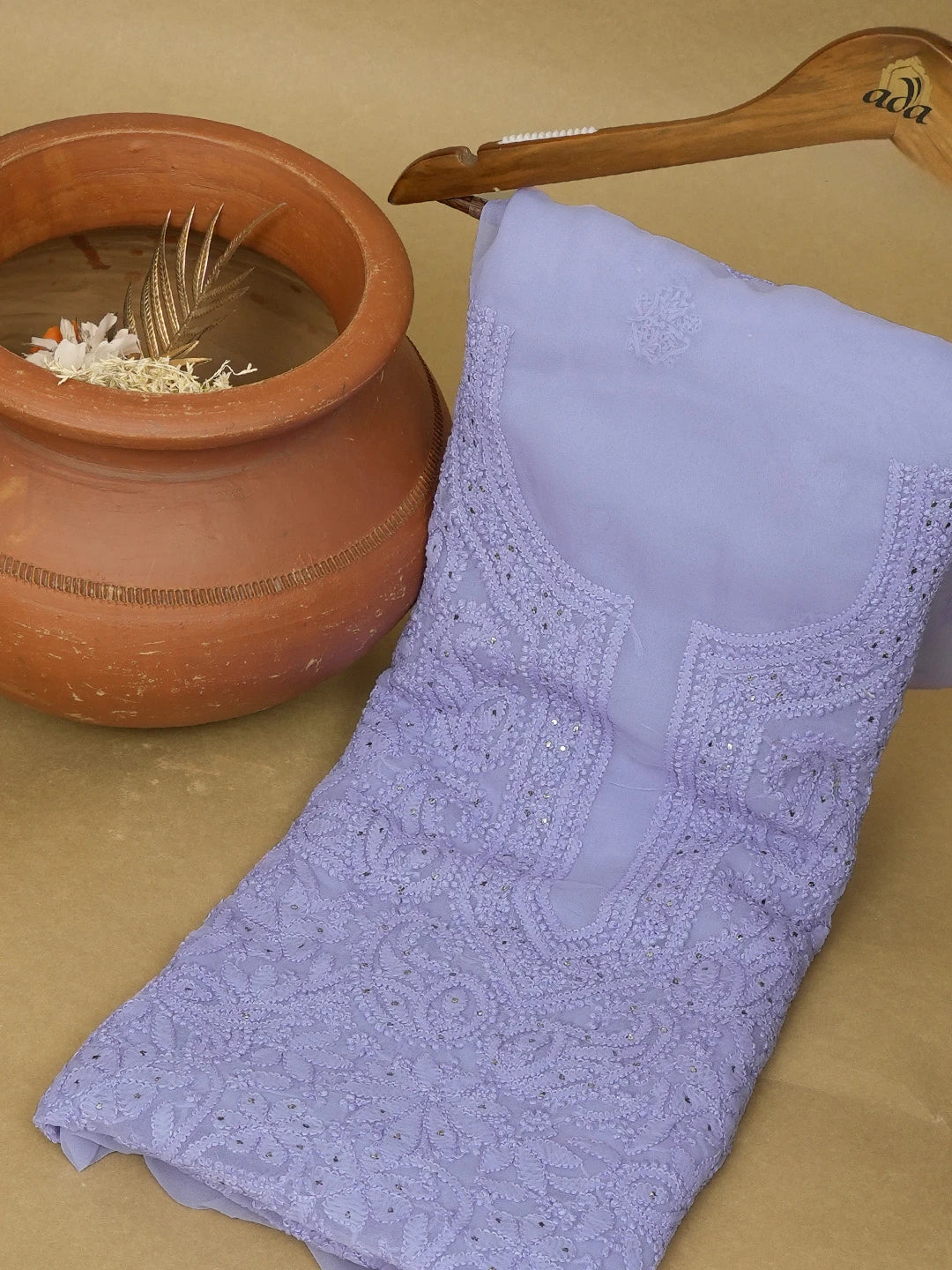 Ada Hand Embroidered Mauve Georgette Lucknowi Chikankari Unstitched Kurta Piece With Muqaish Work 01A614086