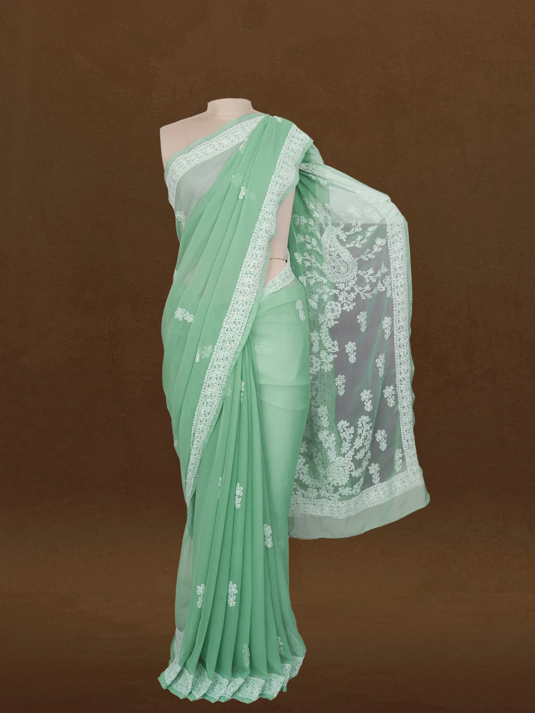 Ada Hand Embroidered Teal Green Georgette Lucknowi Chikankari Saree and Blouse 01A600529