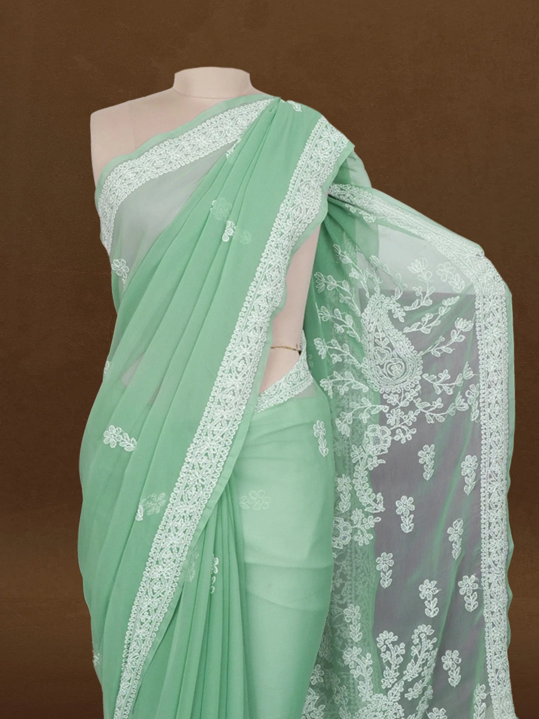 Ada Hand Embroidered Teal Green Georgette Lucknowi Chikankari Saree and Blouse 01A600529