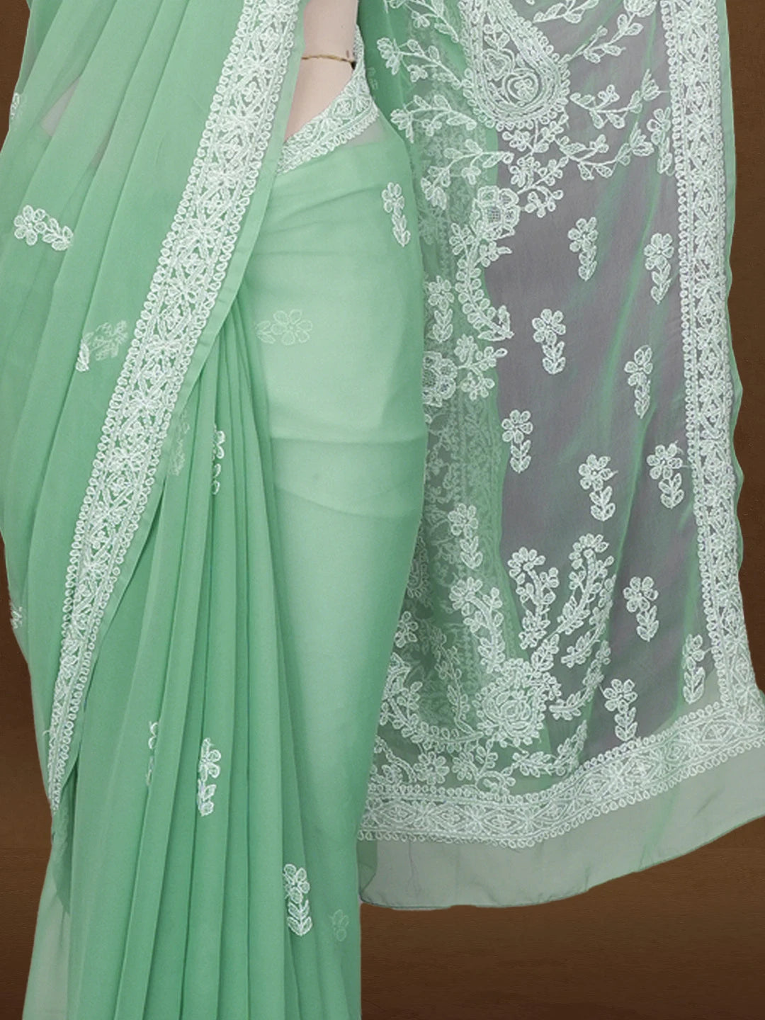 Ada Hand Embroidered Teal Green Georgette Lucknowi Chikankari Saree and Blouse 01A600529