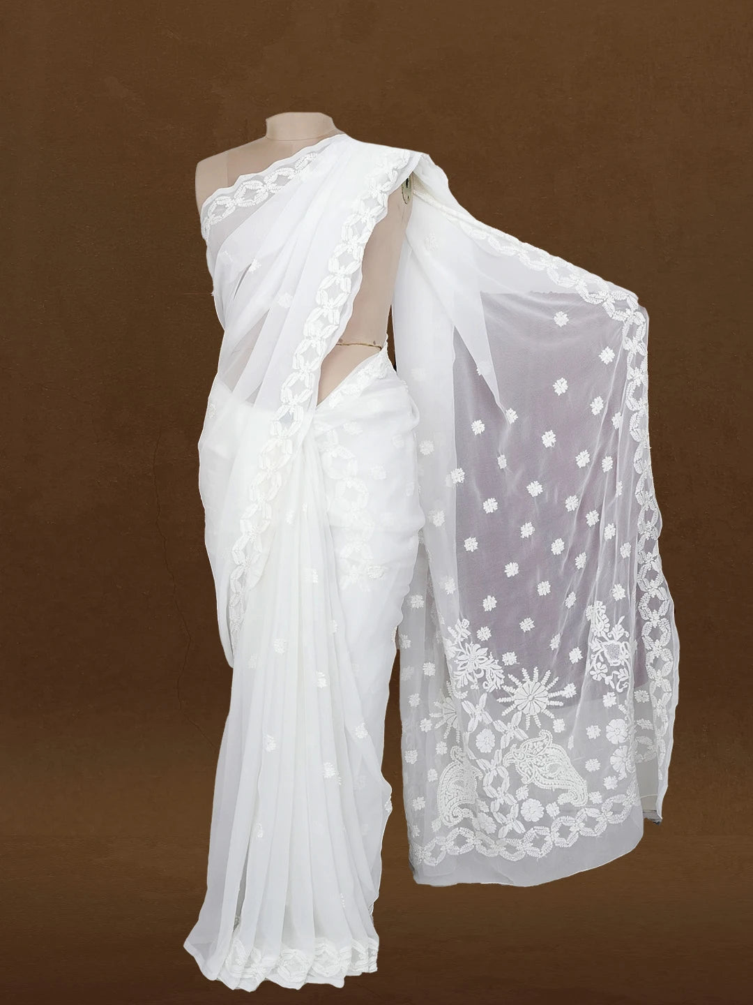 Ada Hand Embroidered White Georgette Lucknowi Chikankari Saree and Blouse 01A583527