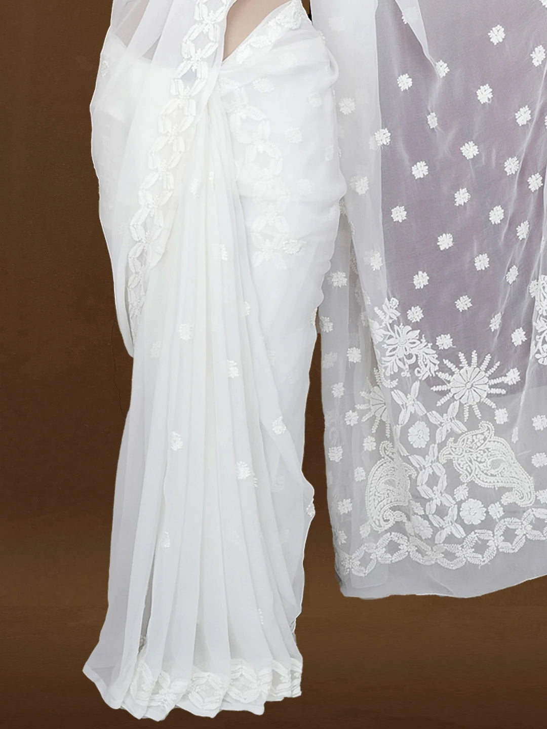 Ada Hand Embroidered White Georgette Lucknowi Chikankari Saree and Blouse 01A583527
