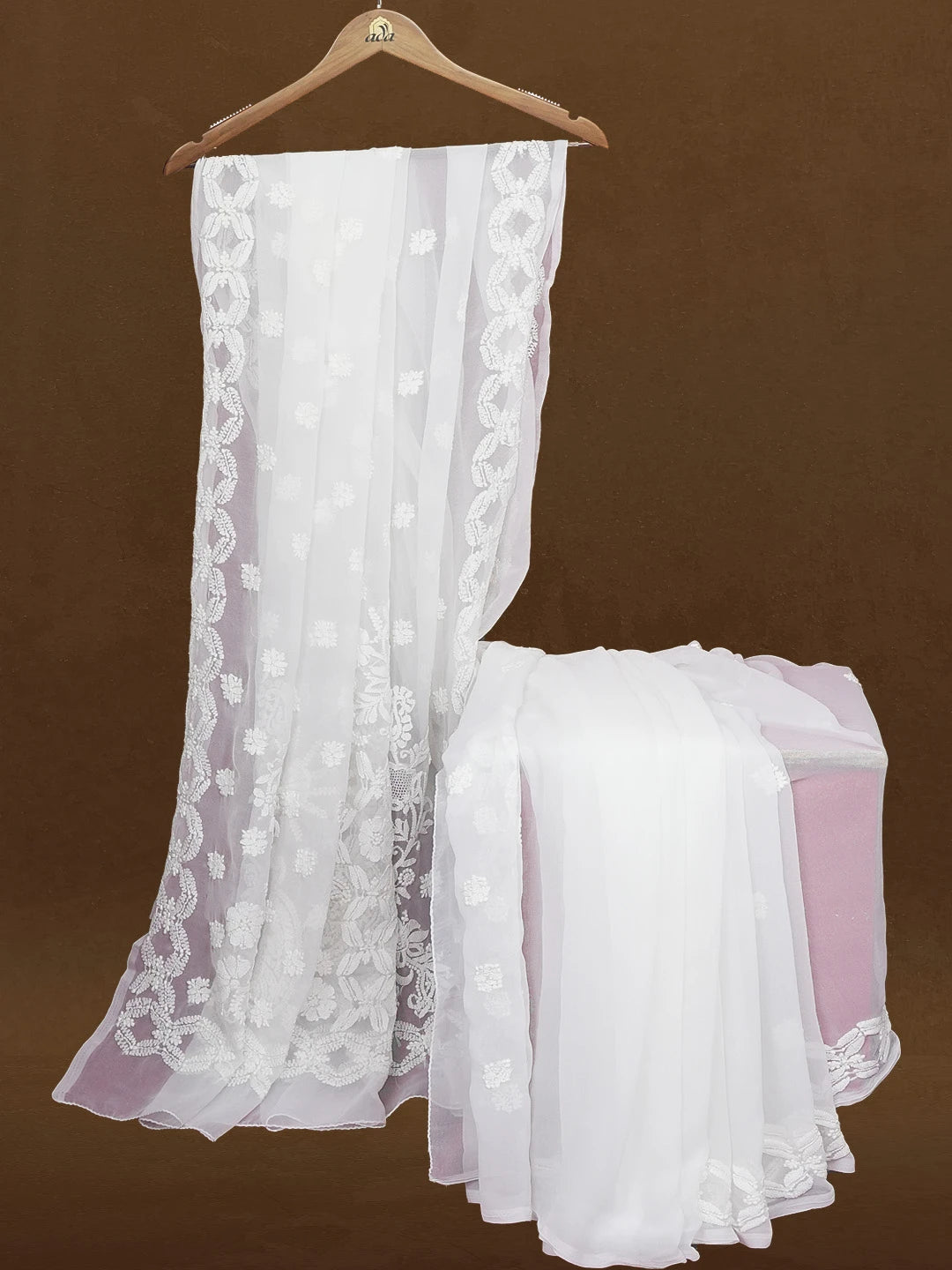 Ada Hand Embroidered White Georgette Lucknowi Chikankari Saree and Blouse 01A583527