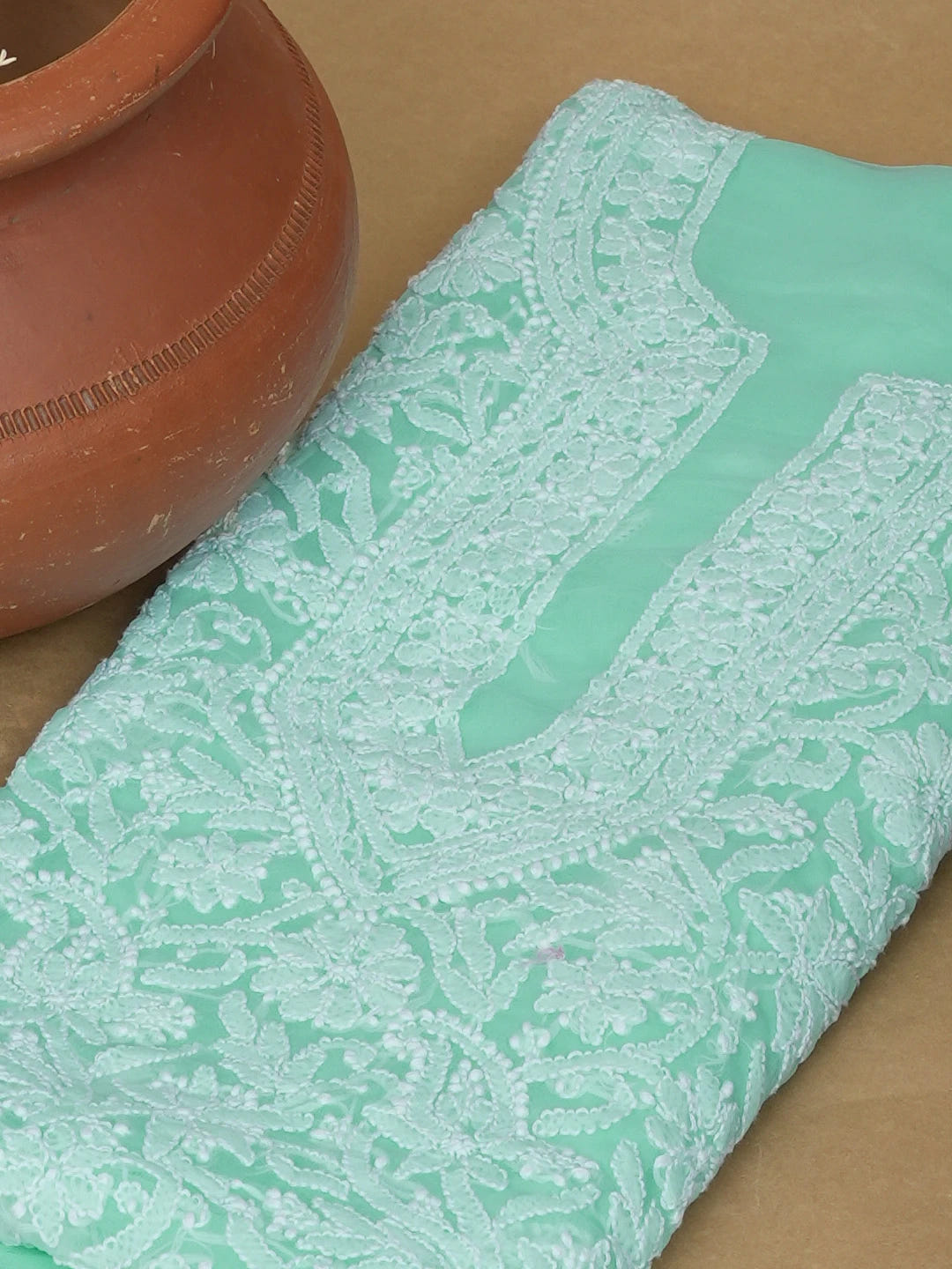 Ada Hand Embroidered Sea Green Faux Georgette Lucknowi Chikankari Unstitched Kurta Piece 01A614105