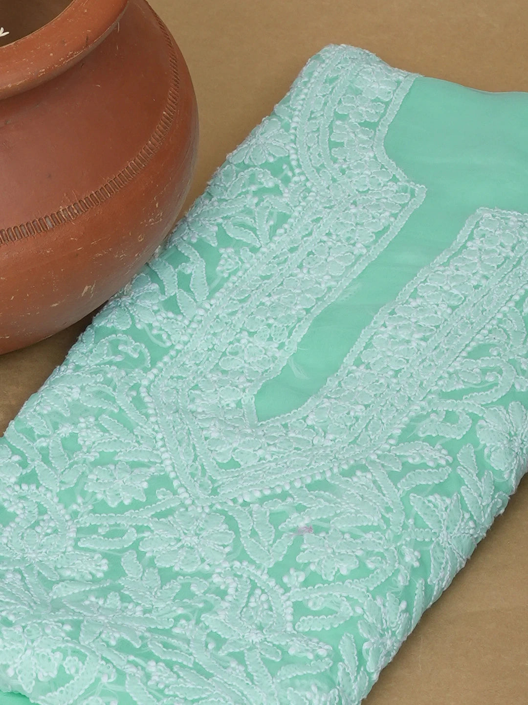 Ada Hand Embroidered Sea Green Faux Georgette Lucknowi Chikankari Unstitched Kurta Piece 01A614105