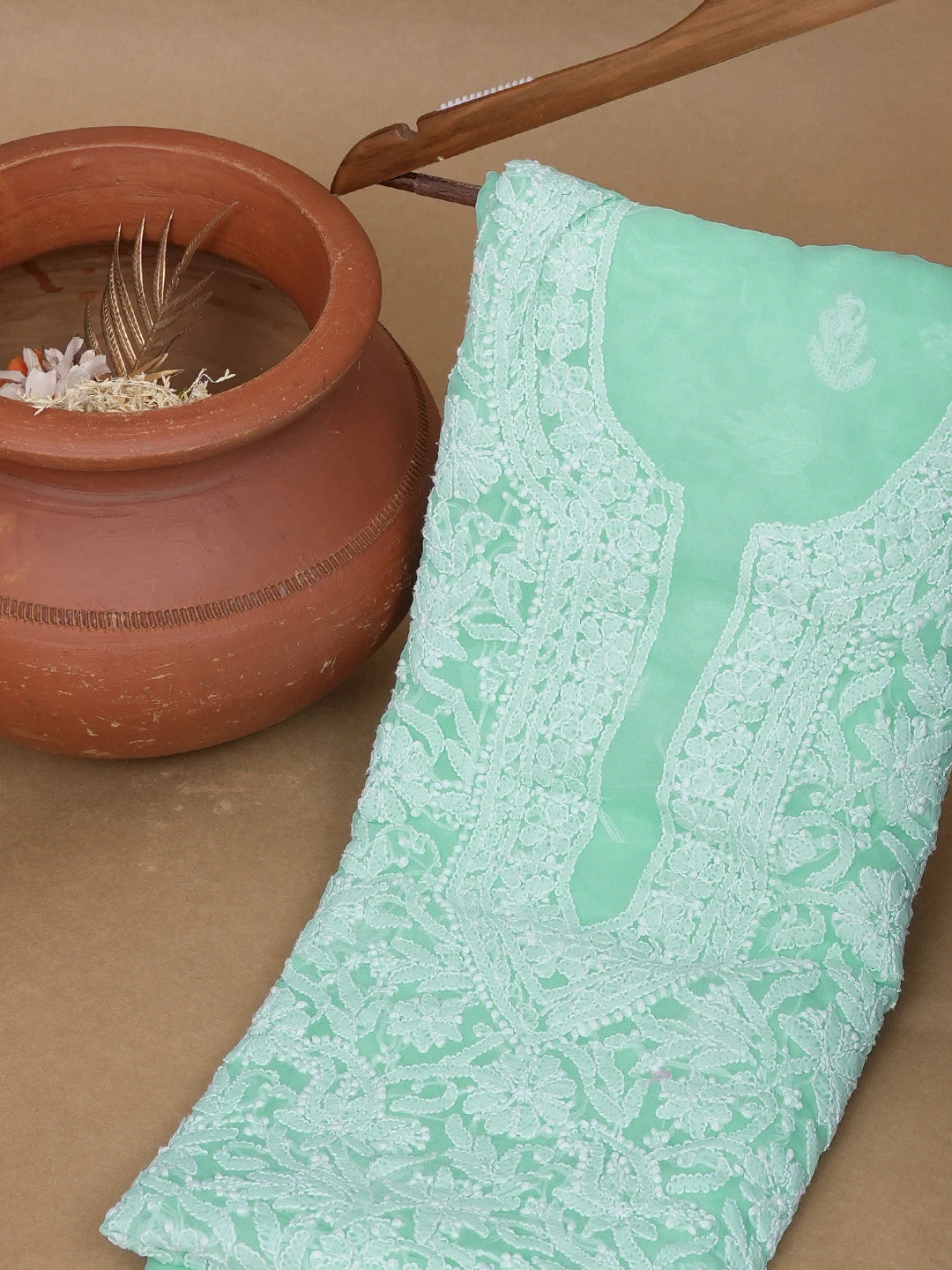 Ada Hand Embroidered Sea Green Faux Georgette Lucknowi Chikankari Unstitched Kurta Piece 01A614105