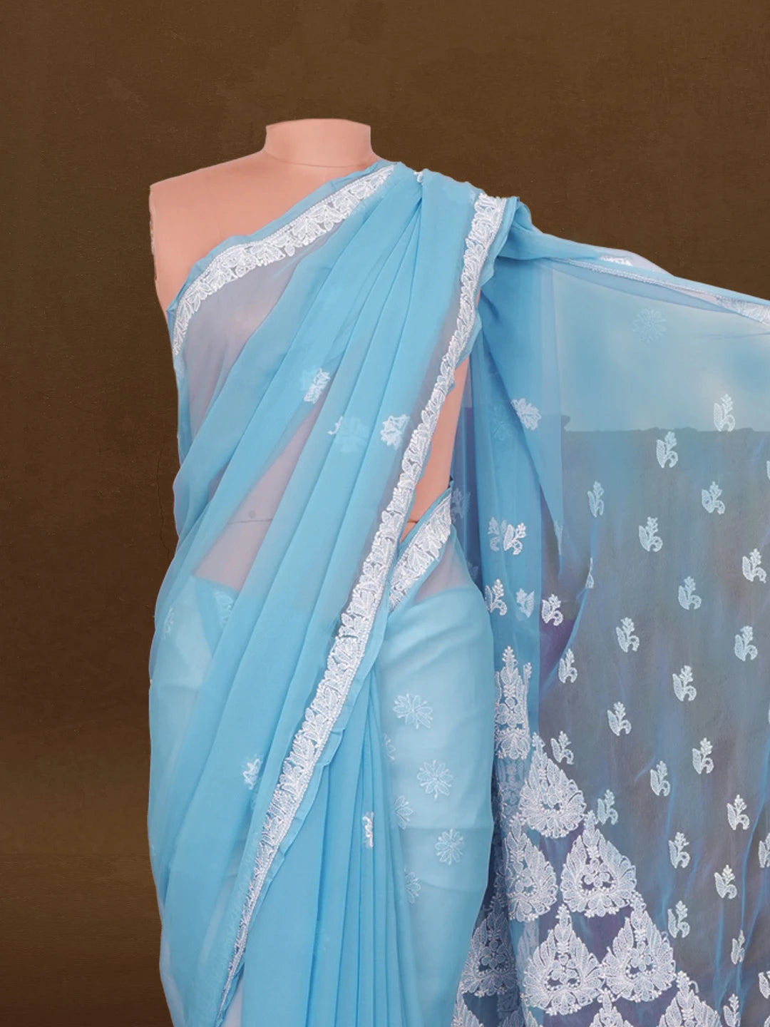 Ada Hand Embroidered Blue Georgette Lucknowi Chikankari Saree and Blouse 01A596352