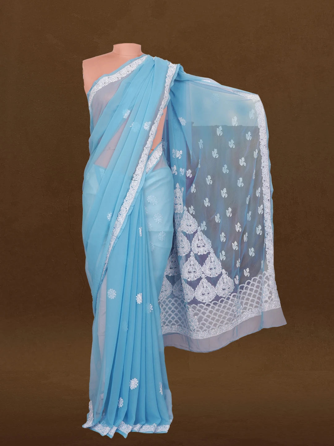 Ada Hand Embroidered Blue Georgette Lucknowi Chikankari Saree and Blouse 01A596352