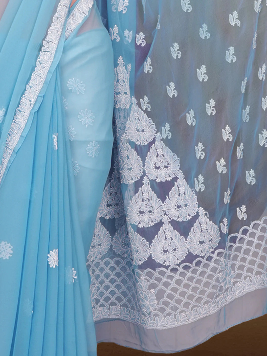 Ada Hand Embroidered Blue Georgette Lucknowi Chikankari Saree and Blouse 01A596352