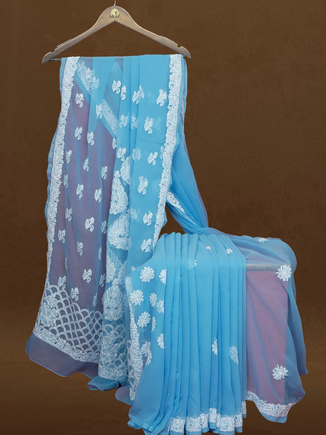 Ada Hand Embroidered Blue Georgette Lucknowi Chikankari Saree and Blouse 01A596352