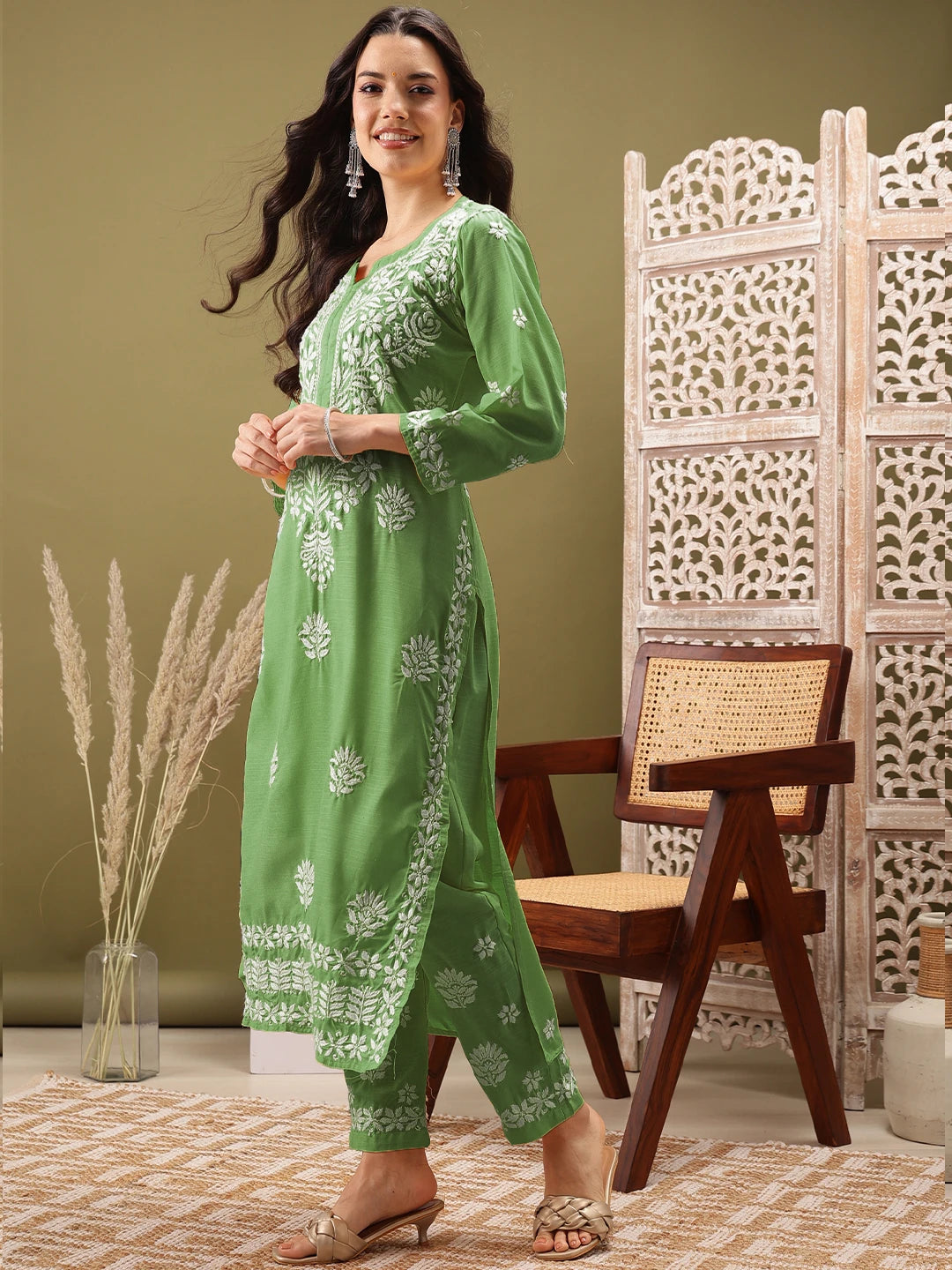 Ada Hand Embroidered Sage Green Cotton Lucknowi Chikankari Co-Ord Set A811281