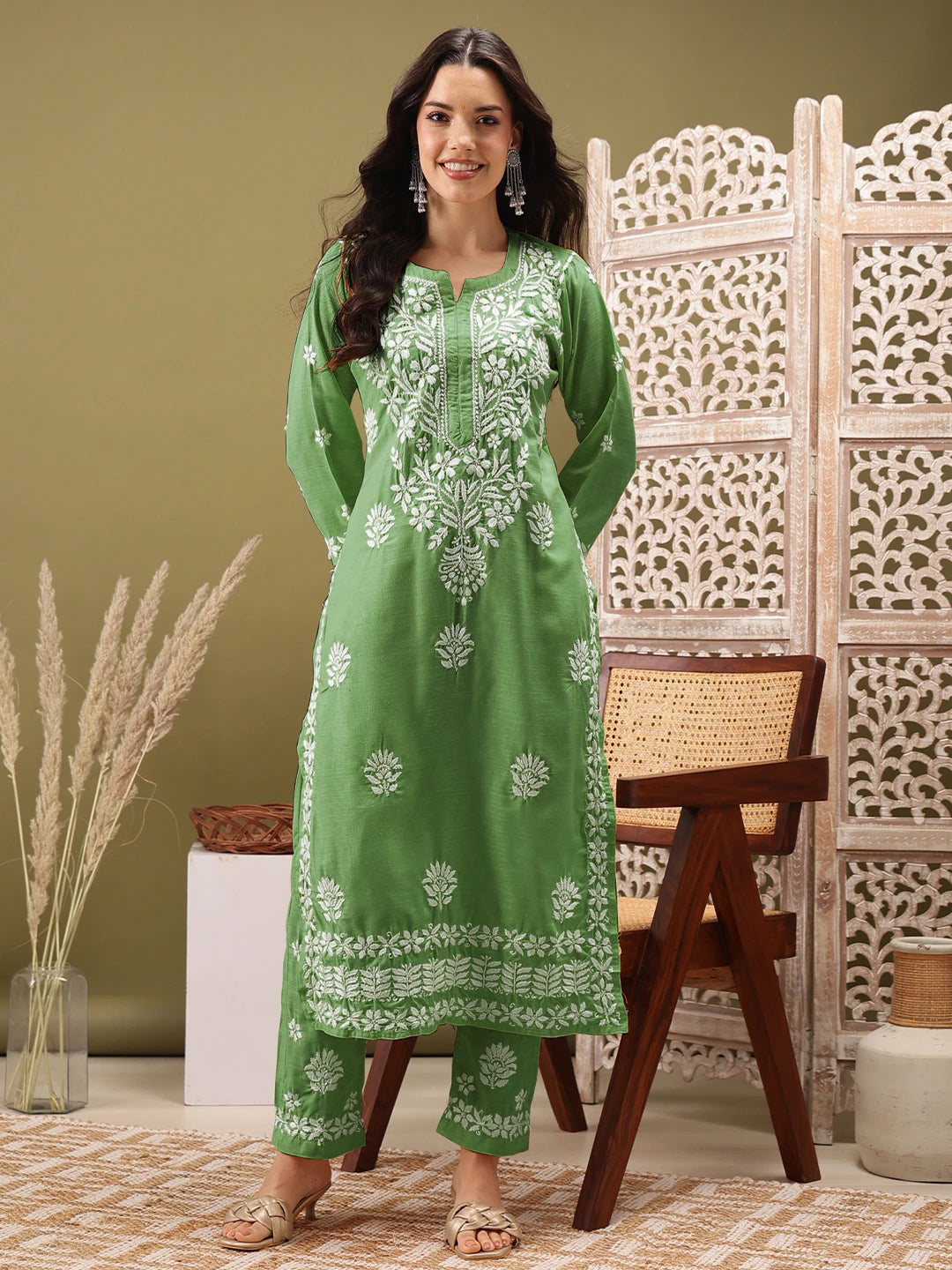 Ada Hand Embroidered Sage Green Cotton Lucknowi Chikankari Co-Ord Set A811281
