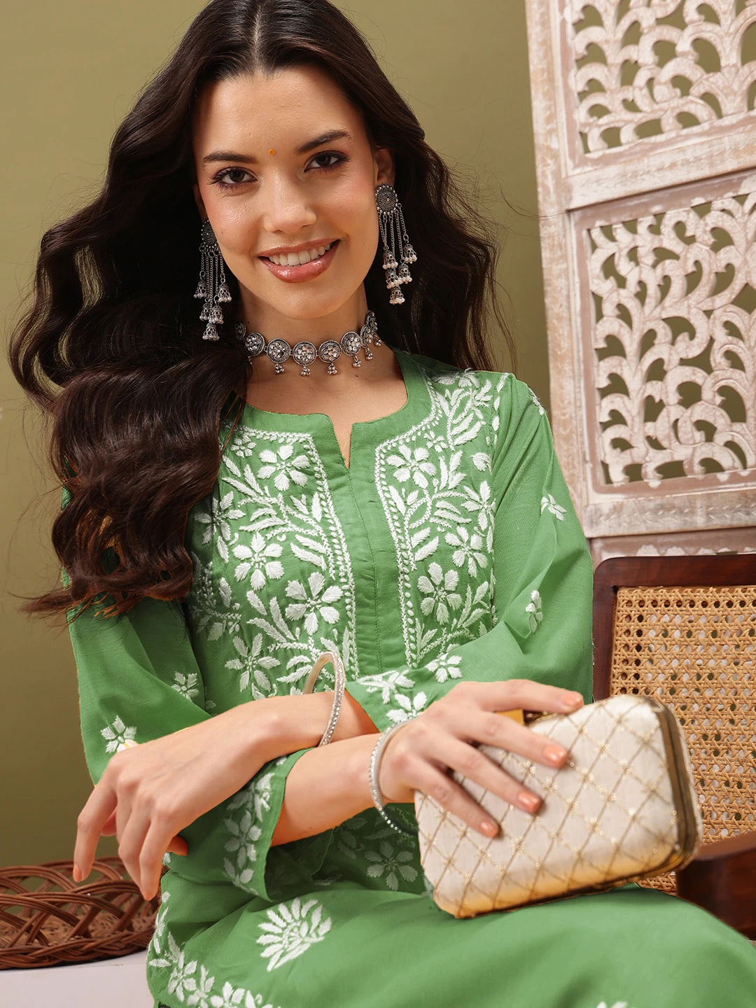 Ada Hand Embroidered Sage Green Cotton Lucknowi Chikankari Co-Ord Set A811281