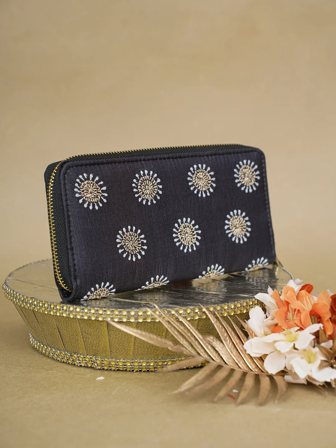 Ada Hand Embroidered Black Silk Lucknowi Chikankari Clutch With Zari Work 01A618059