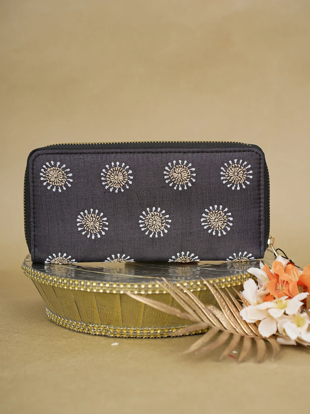 Ada Hand Embroidered Black Silk Lucknowi Chikankari Clutch With Zari Work 01A618059