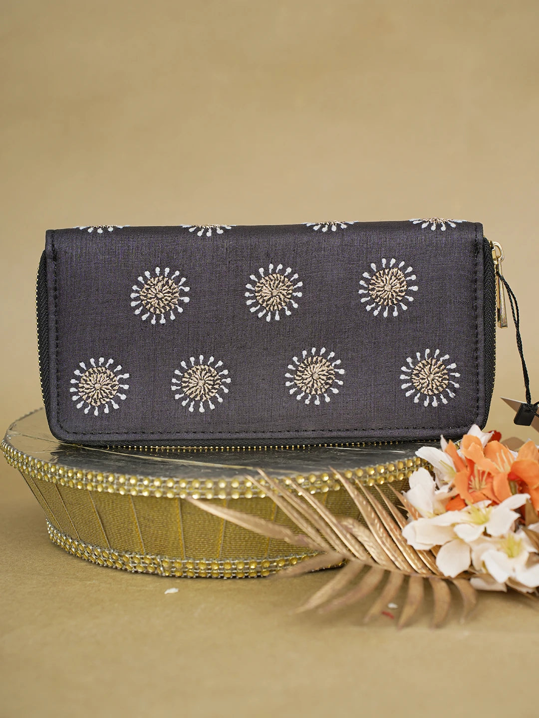 Ada Hand Embroidered Black Silk Lucknowi Chikankari Clutch With Zari Work 01A618059