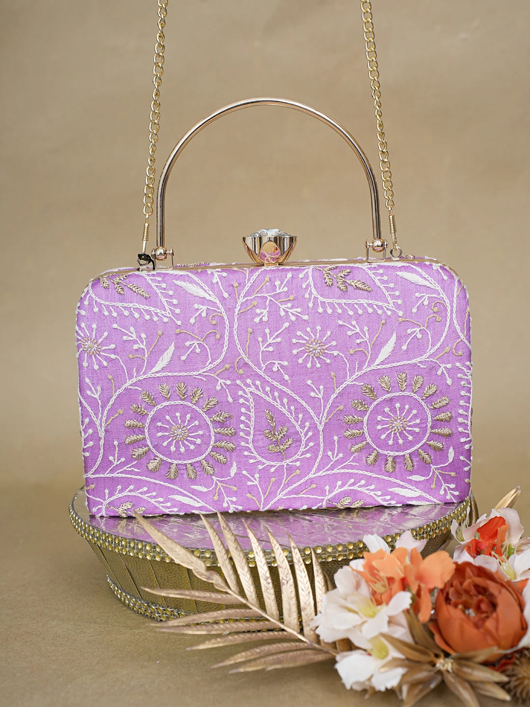 Ada Hand Embroidered Mauve Silk Lucknowi Chikankari Clutch With Zari Work 01A619155
