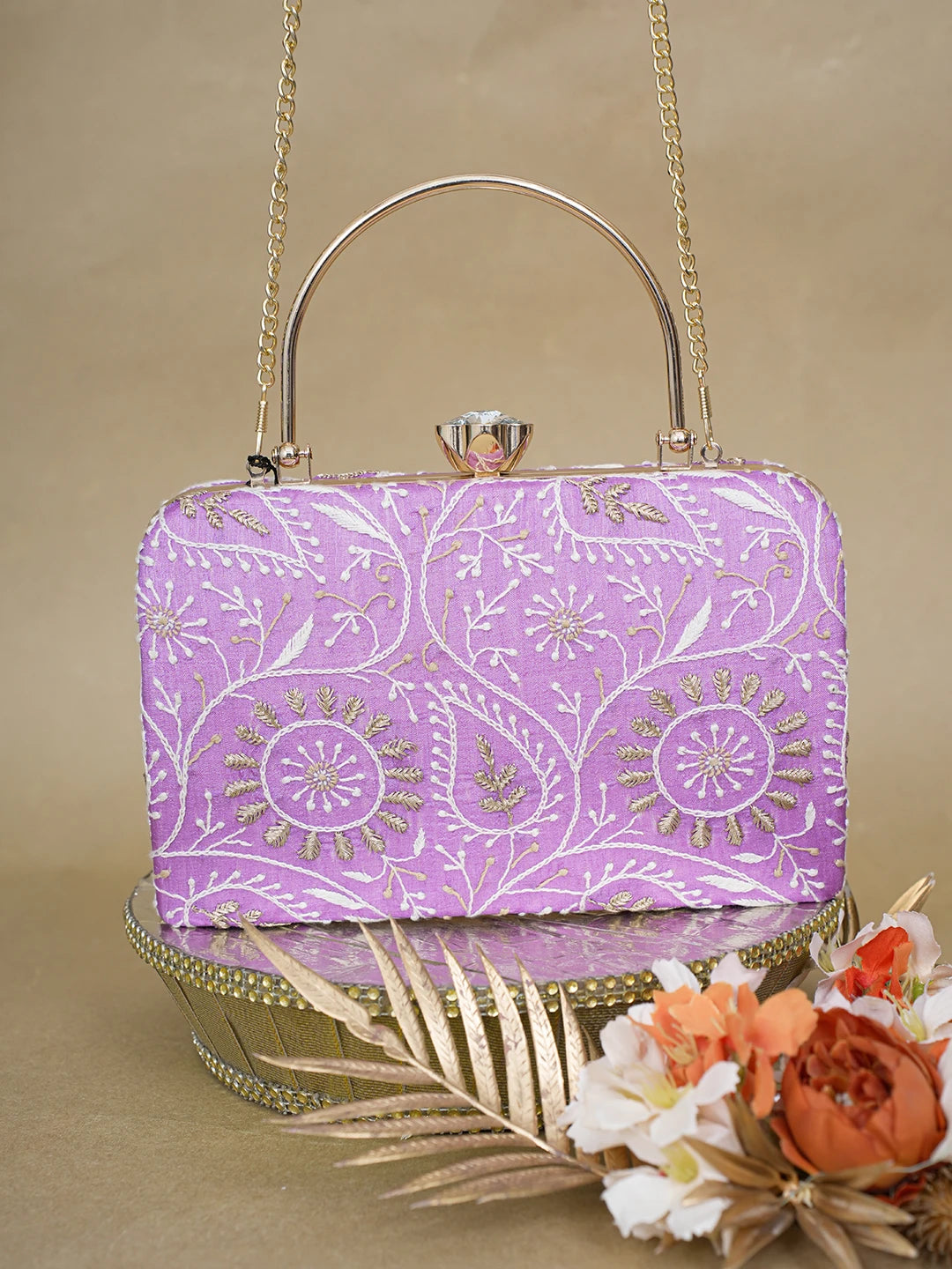 Ada Hand Embroidered Mauve Silk Lucknowi Chikankari Clutch With Zari Work 01A619155