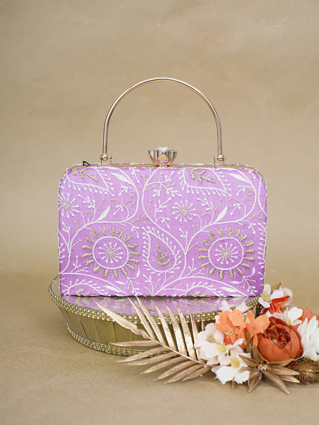 Ada Hand Embroidered Mauve Silk Lucknowi Chikankari Clutch With Zari Work 01A619155