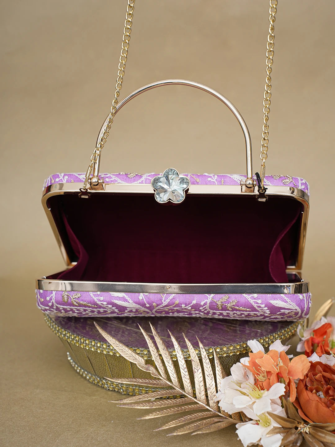 Ada Hand Embroidered Mauve Silk Lucknowi Chikankari Clutch With Zari Work 01A619155