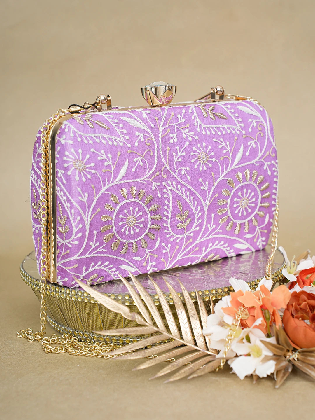 Ada Hand Embroidered Mauve Silk Lucknowi Chikankari Clutch With Zari Work 01A619155