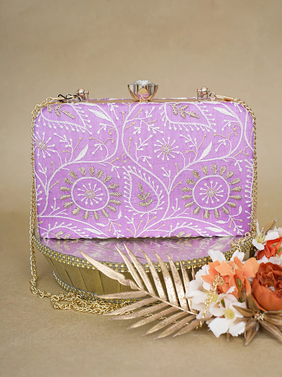 Ada Hand Embroidered Mauve Silk Lucknowi Chikankari Clutch With Zari Work 01A619155
