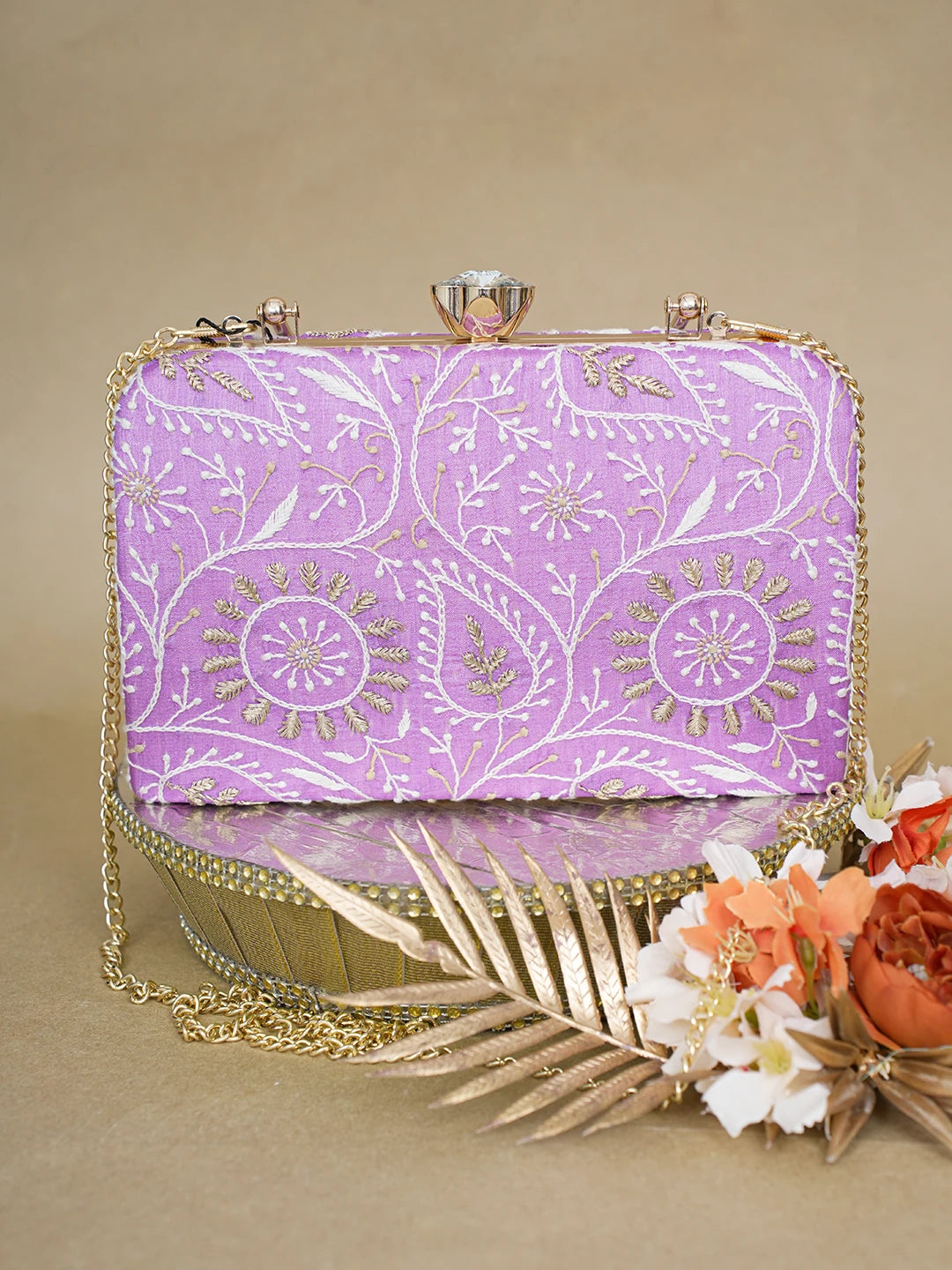 Ada Hand Embroidered Mauve Silk Lucknowi Chikankari Clutch With Zari Work 01A619155